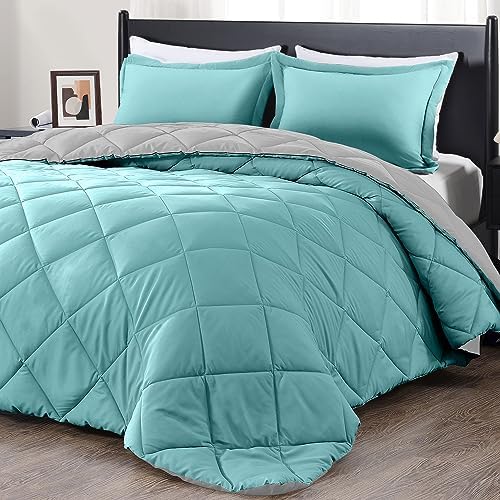 Downluxe California King Comforter Set - Teal and Gray