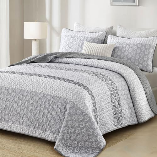 Cottolester Boho Queen Size Gray Striped Coverlet Set 3 Piece