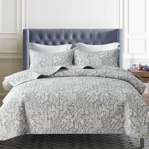 DURLENGEN Bluish Grey Botanical Quilt Set Queen 3Pcs
