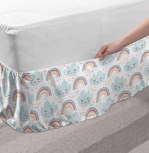 Lunarable Rainbow Bed Skirt with Smiling Clouds Pattern