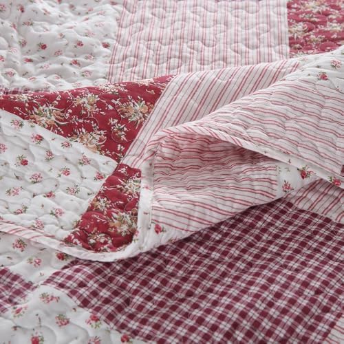 ENASAL Reversible Plaid Flower Quilt Bedspread Set King Size