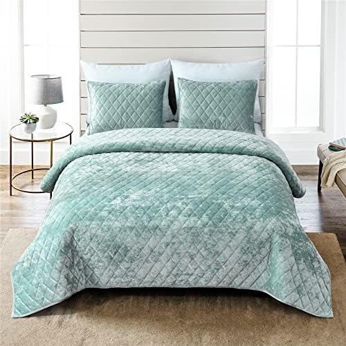 Fredsure Distressed Velvet Quilt Set - Sage Green King 3 Piece