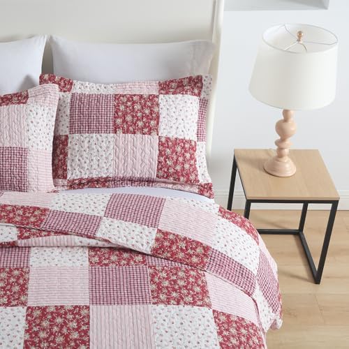 ENASAL Reversible Plaid Flower Quilt Bedspread Set King Size