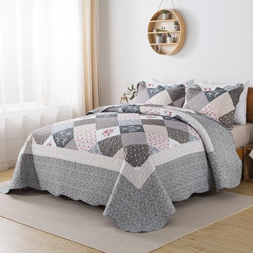HoneiLife Queen Quilt Set 3 Pieces Grey Border