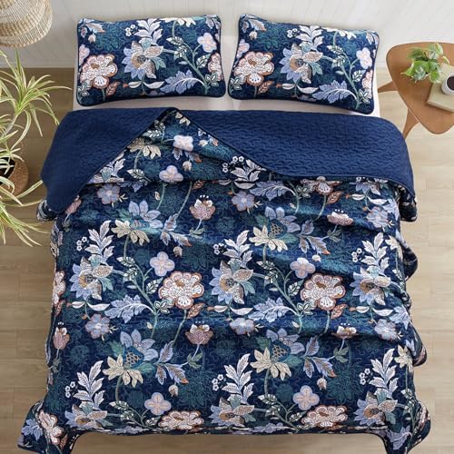 WONGS BEDDING Queen Quilt Set 3 PC Navy Blue Floral Bedspread
