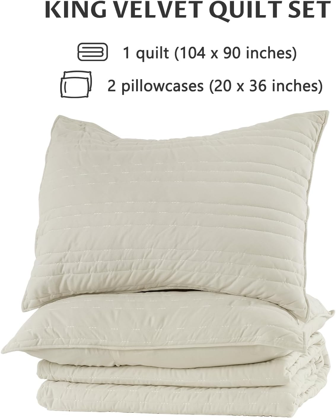 KASENTEX Luxury Velvet King Quilt Set 104x90 Light Khaki