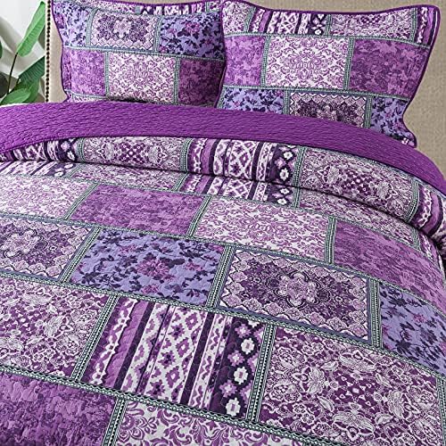 NEWLAKE Reversible Patchwork Quilt Set Purple Bohemian King Size