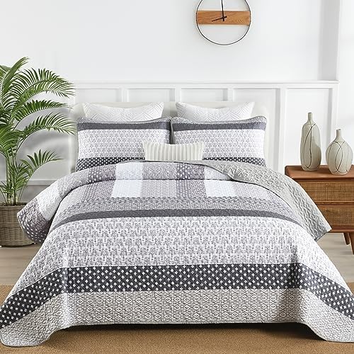 WONGS BEDDING Grey Boho Queen Quilt Set 3 pcs
