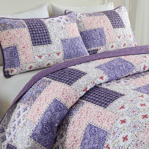 Xruibed Plaid Patchwork Quilt Set Queen Size 3 Pieces