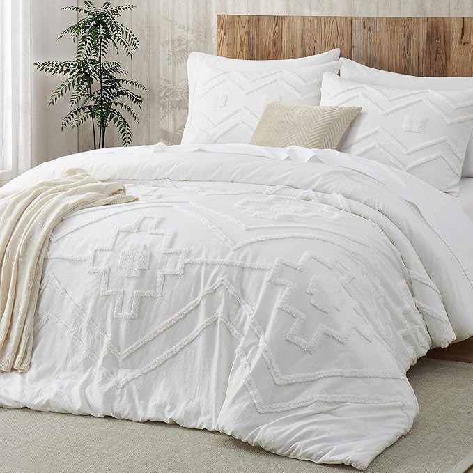 Luxury Tufted Duvet Cover 3 Pcs Cotton Bedding Set White Super King 1