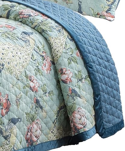 Benjara Eden 3 Piece King Quilt Set Peacock Print