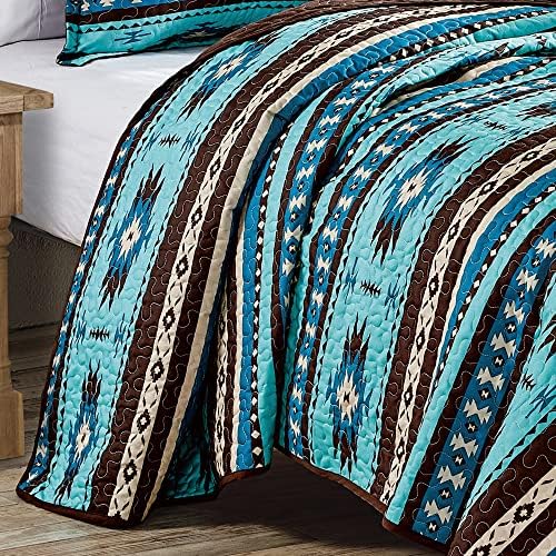 Linen Mart Southwestern Turquoise Tan Aztec Coverlet - 5 Piece Set