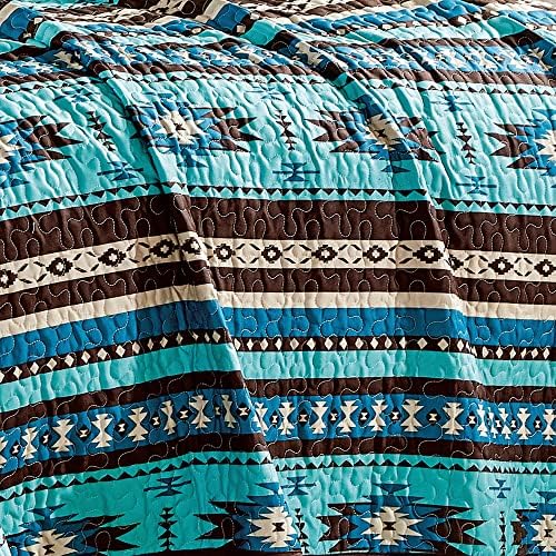 Linen Mart Southwestern Turquoise Tan Aztec Coverlet - 5 Piece Set