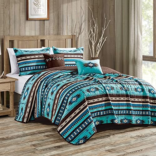 Linen Mart Southwestern Turquoise Tan Aztec Coverlet - 5 Piece Set