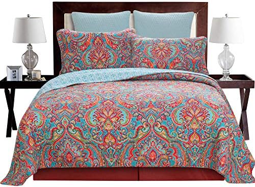 Floral Boho Quilt Comforter Set Queen 3 Piece