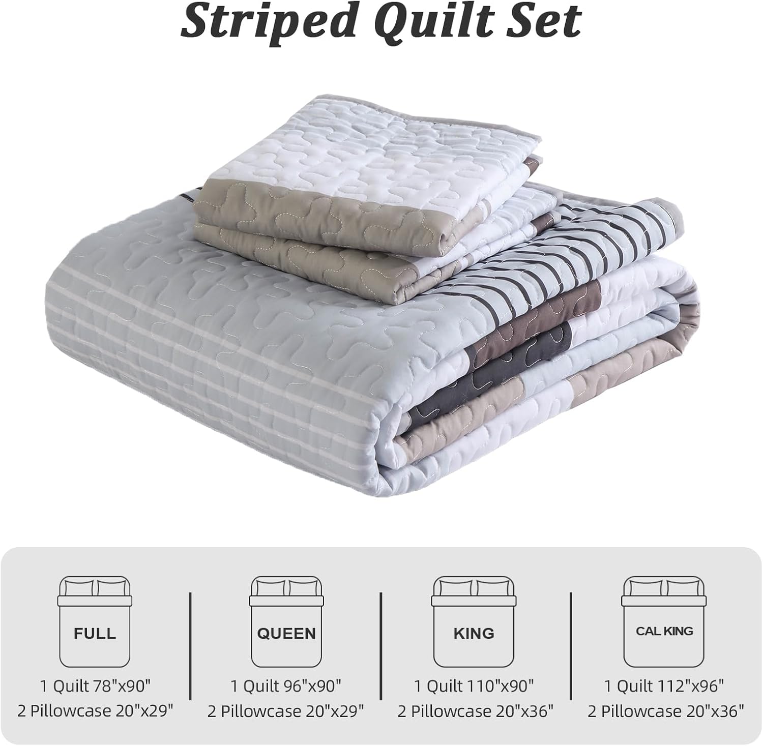 Dinjoy Grey Boho Striped California King Quilt Set