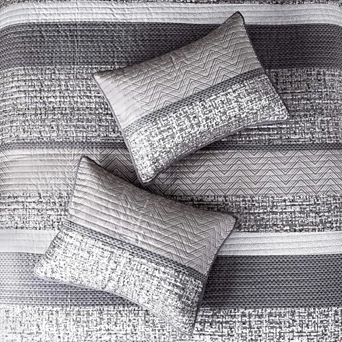 Madison Park King Quilt Set with Glitter Accent Chevron GreyTaupe