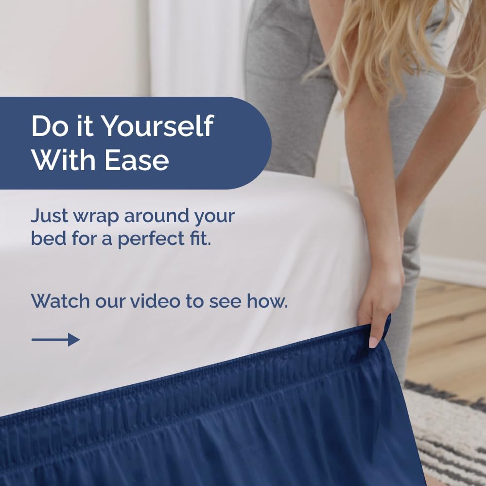 Wrap Around Dust Ruffle Bed Skirt 2 Pillowcases Bundle - Navy Blue