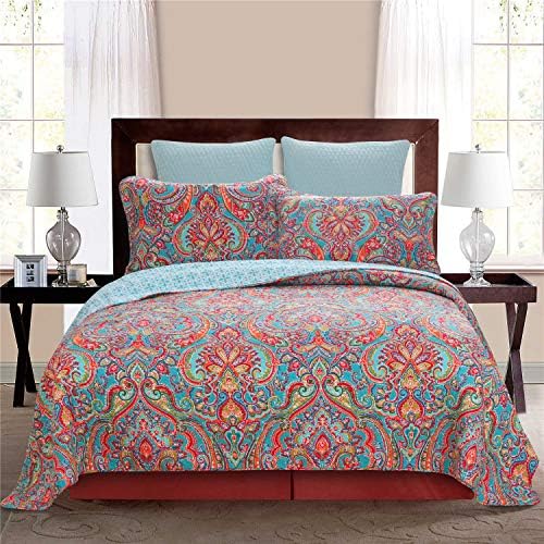 Floral Boho Quilt Comforter Set Queen 3 Piece
