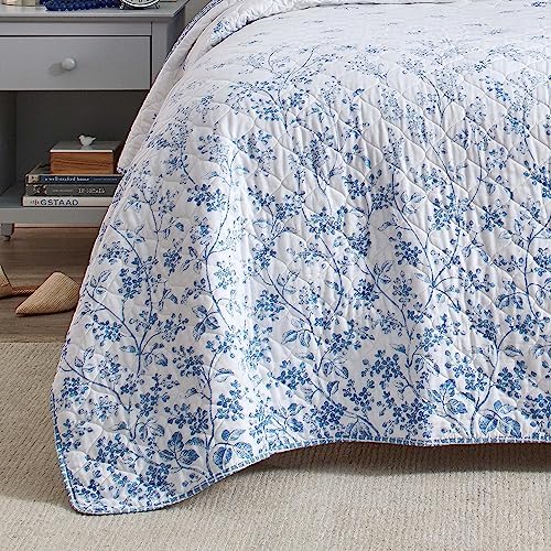 Laura Ashley Twin Quilt Set - Flora Blue Reversible Cotton Bedding