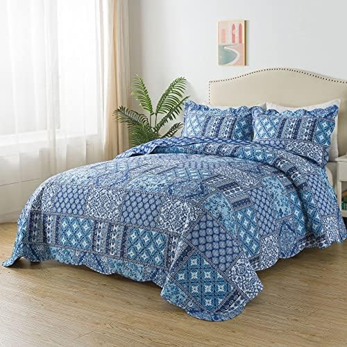HoneiLife Blue Rustic Quilt Set Queen 3 Piece