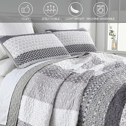 WONGS BEDDING Grey Boho Queen Quilt Set 3 pcs