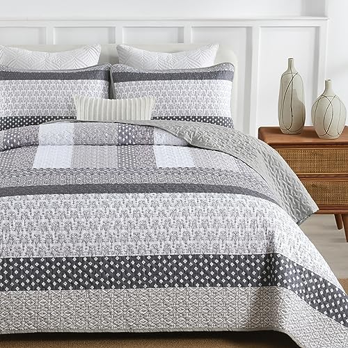 WONGS BEDDING Grey Boho Queen Quilt Set 3 pcs