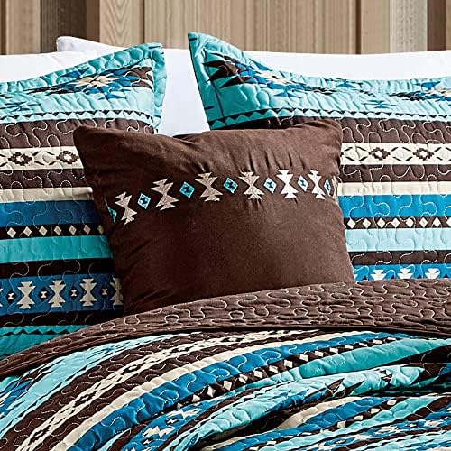 Linen Mart Southwestern Turquoise Tan Aztec Coverlet - 5 Piece Set
