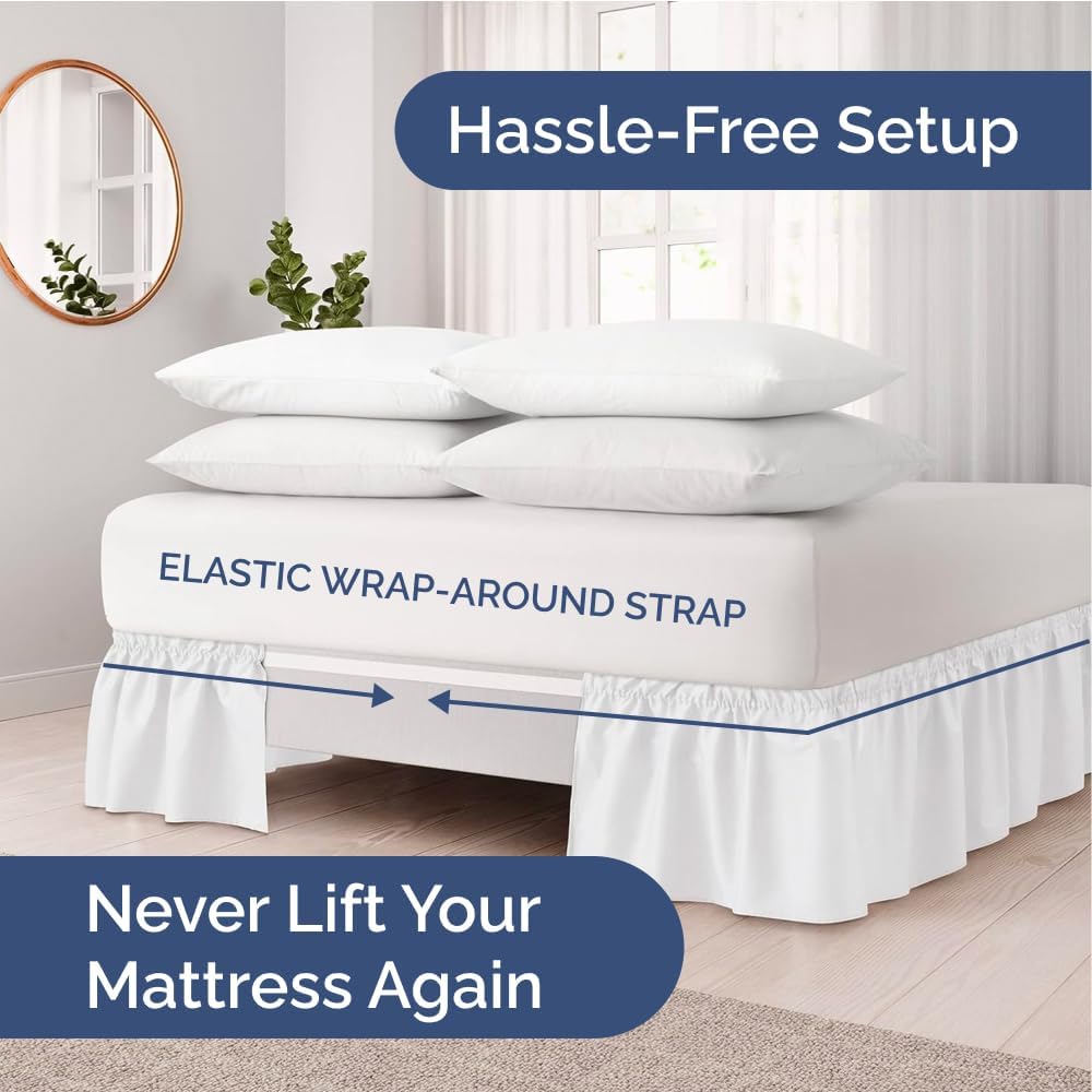Wrap Around Dust Ruffle Bed Skirt 2 Pillowcases - Queen Size White