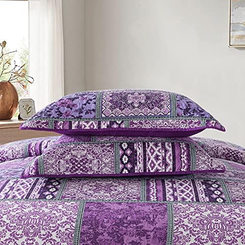 NEWLAKE Reversible Patchwork Quilt Set Purple Bohemian King Size