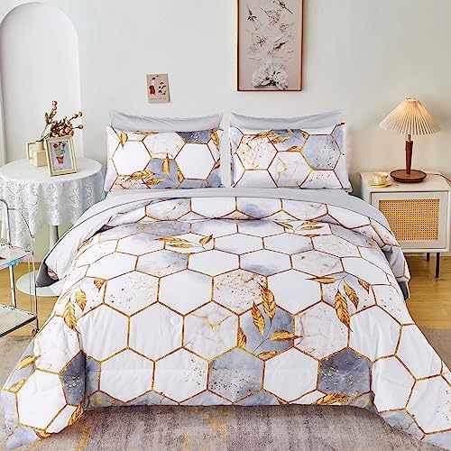 ZRNBAST 7 Pcs Light Grey Comforter Set with Gold Trim 1