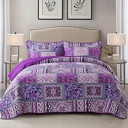 NEWLAKE Reversible Patchwork Quilt Set Purple Bohemian King Size
