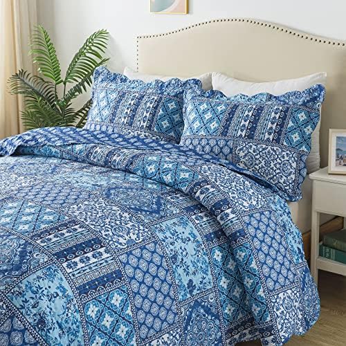 HoneiLife Blue Rustic Quilt Set Queen 3 Piece