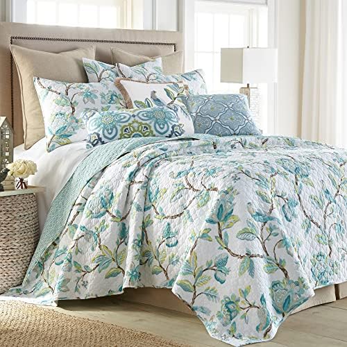 Levtex Home Cressida Quilt Set KingCal King Teal Blue Cream Taupe Reversible Cotton