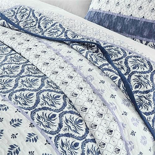 Floral Queen Quilt Set - 3-Piece Cotton Blue White Reversible Quilted Bedspread