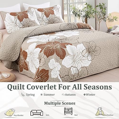 DJY 3 Piece King Taupe Floral Quilt Set