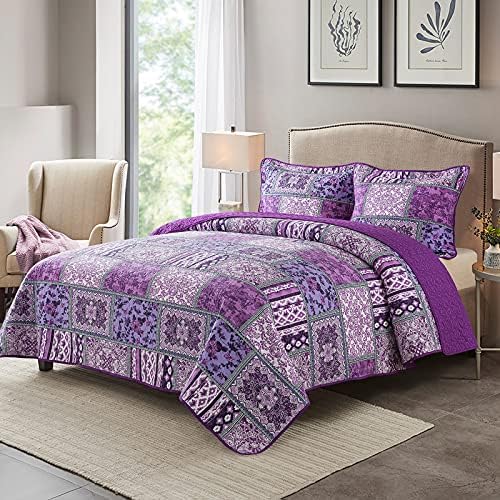 NEWLAKE Reversible Patchwork Quilt Set Purple Bohemian King Size