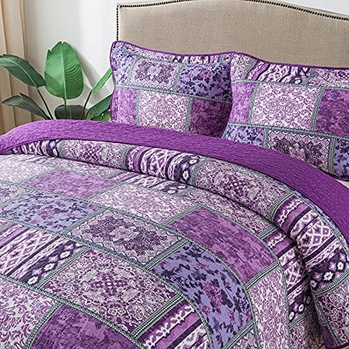 NEWLAKE Reversible Patchwork Quilt Set Purple Bohemian King Size