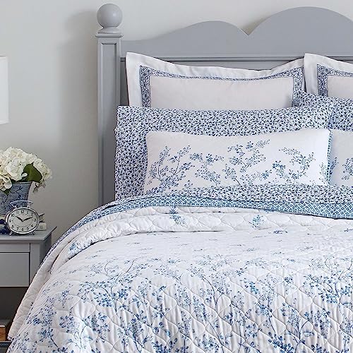 Laura Ashley Twin Quilt Set - Flora Blue Reversible Cotton Bedding