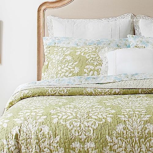 Laura Ashley Queen Quilt Set with Shams Reversible Cotton Bedding