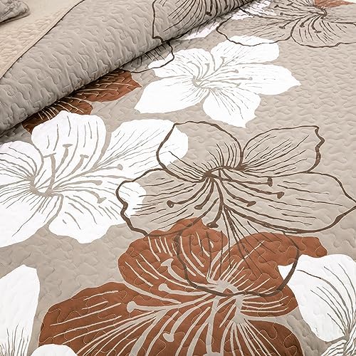 DJY 3 Piece King Taupe Floral Quilt Set
