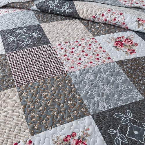 HoneiLife Queen Quilt Set 3 Pieces Grey Border