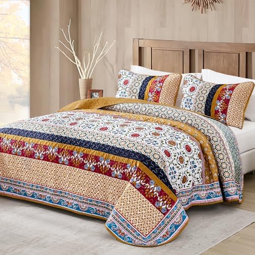 Yiran Boho Quilt Set King Size Tango Orange Patchwork Bedding
