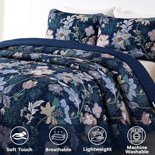 WONGS BEDDING Queen Quilt Set 3 PC Navy Blue Floral Bedspread