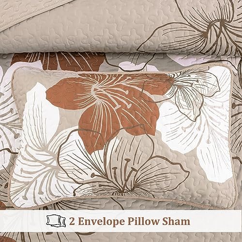 DJY 3 Piece King Taupe Floral Quilt Set