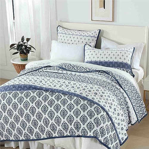 Floral Queen Quilt Set - 3-Piece Cotton Blue White Reversible Quilted Bedspread
