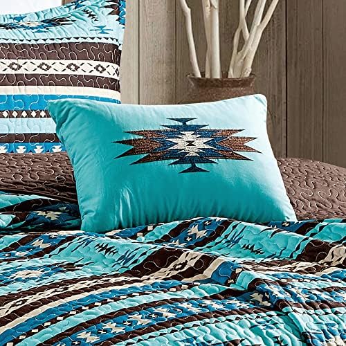 Linen Mart Southwestern Turquoise Tan Aztec Coverlet - 5 Piece Set