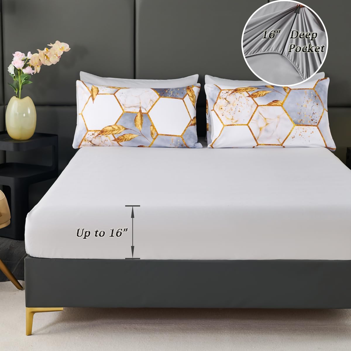ZRNBAST 7 Pcs Light Grey Comforter Set with Gold Trim 1