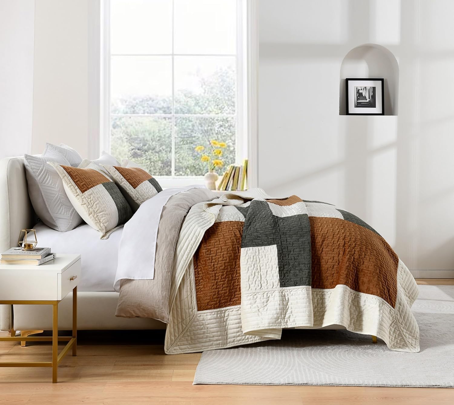 Grassix Velvet Queen Quilt Set - 90x96 Green Gold 3-Piece All Seasons