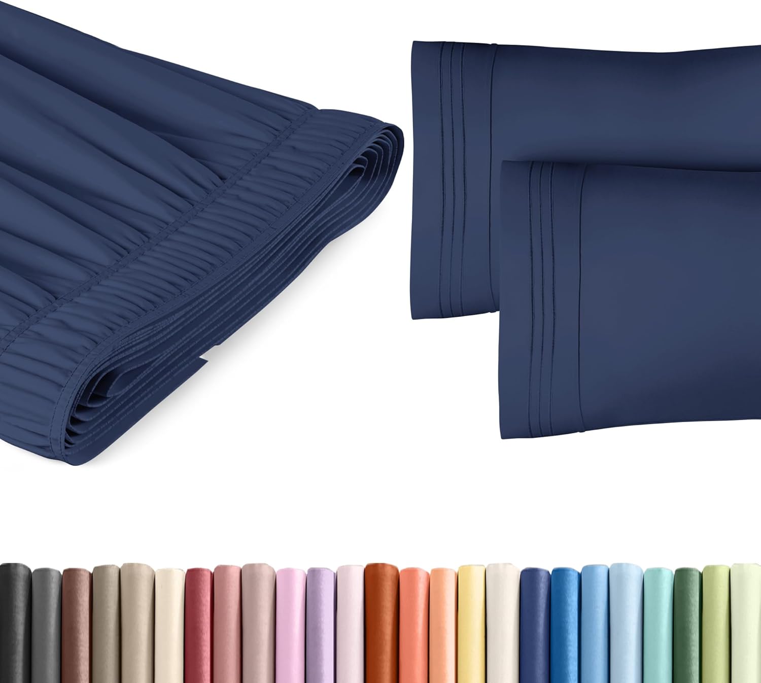 Wrap Around Dust Ruffle Bed Skirt 2 Pillowcases Bundle - Navy Blue
